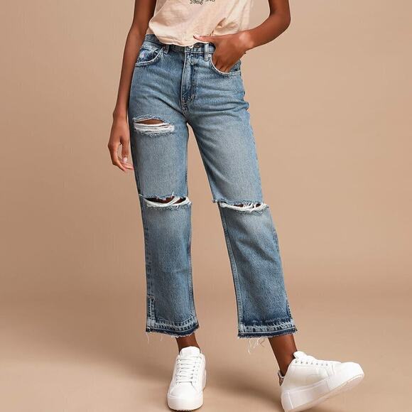 We The Free Denim - Lita Light Wash Distressed High-Waisted Slim Leg Jeans Free People with patches